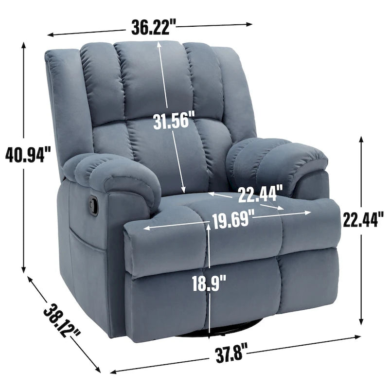 Fauteuil inclinable manuel vert surdimensionné avec pivotant à 360° et fonction bascule, revêtement en tissu pour le confort du salon
