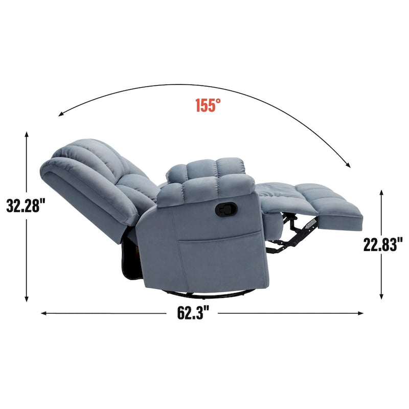 Fauteuil inclinable manuel vert surdimensionné avec pivotant à 360° et fonction bascule, revêtement en tissu pour le confort du salon