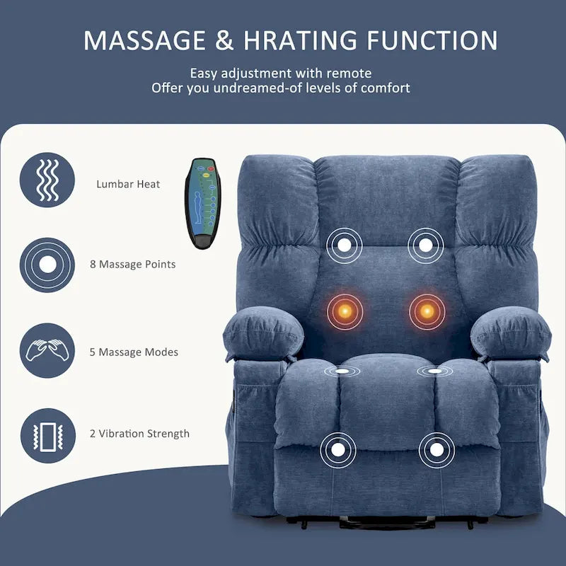 Fauteuil inclinable électrique bleu avec chauffage, massage, chargement USB, rangement latéral et télécommande