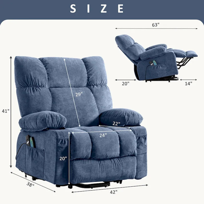 Fauteuil inclinable électrique bleu avec chauffage, massage, chargement USB, rangement latéral et télécommande