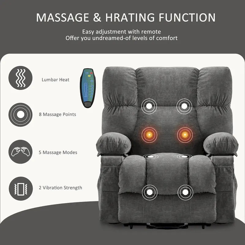 Fauteuil inclinable électrique bleu avec chauffage, massage, chargement USB, rangement latéral et télécommande
