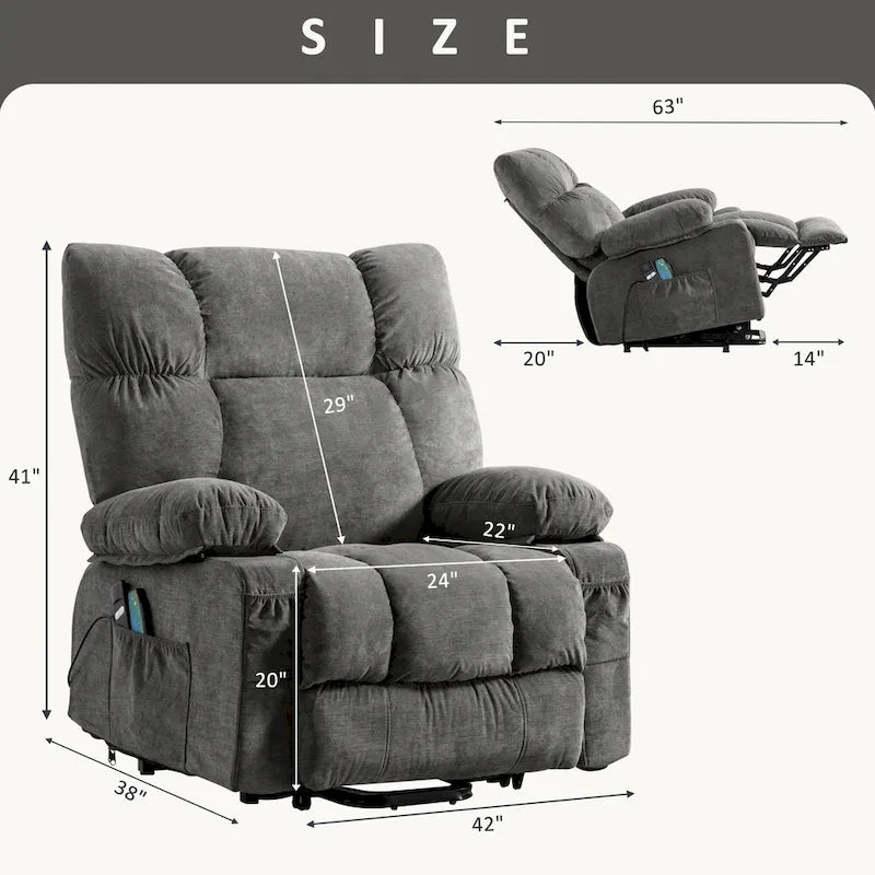 Fauteuil inclinable électrique bleu avec chauffage, massage, chargement USB, rangement latéral et télécommande