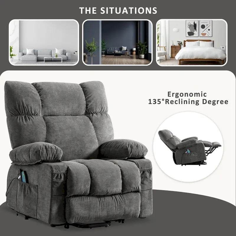 Fauteuil inclinable électrique bleu avec chauffage, massage, chargement USB, rangement latéral et télécommande