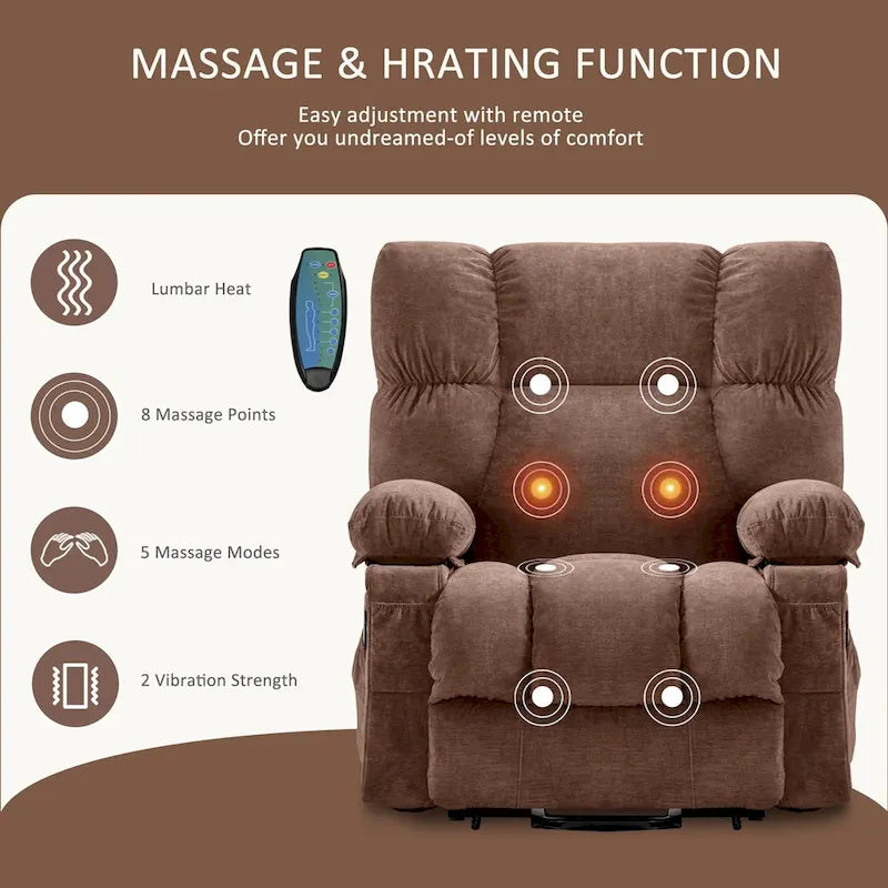 Fauteuil inclinable électrique bleu avec chauffage, massage, chargement USB, rangement latéral et télécommande