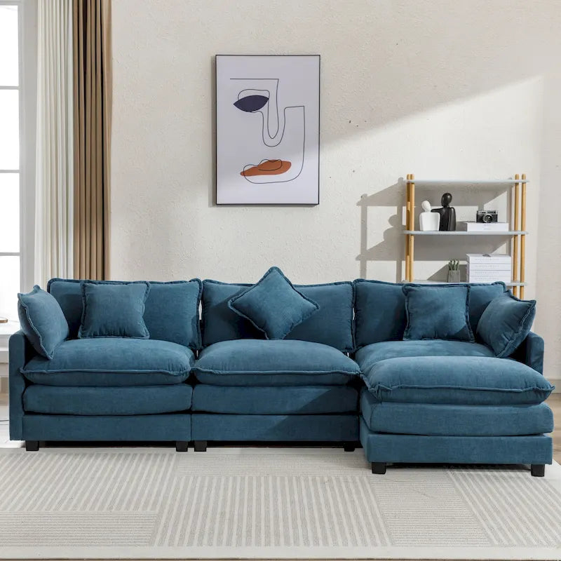 Canapé d'angle moderne en L à 4 places, bleu 112,2 avec pouf amovible, 5 oreillers moelleux et construction robuste