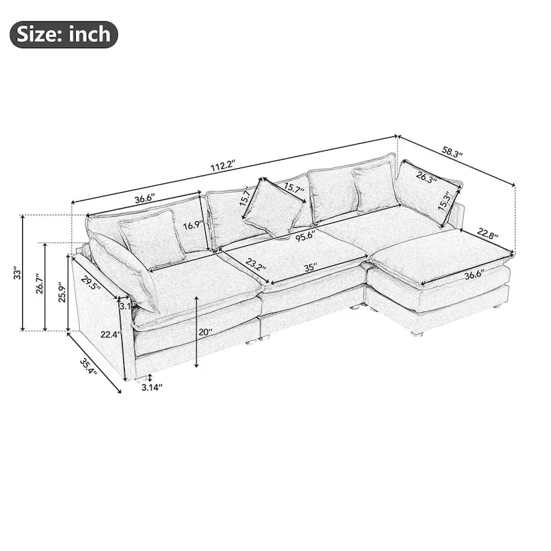 Canapé d'angle moderne en L à 4 places, bleu 112,2 avec pouf amovible, 5 oreillers moelleux et construction robuste