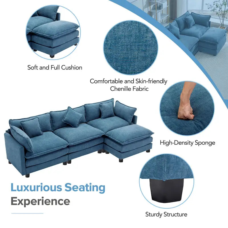 Canapé d'angle moderne en L à 4 places, bleu 112,2 avec pouf amovible, 5 oreillers moelleux et construction robuste