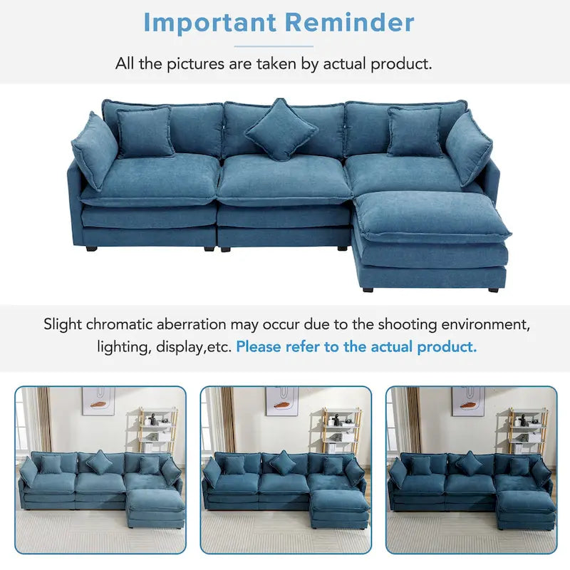 Canapé d'angle moderne en L à 4 places, bleu 112,2 avec pouf amovible, 5 oreillers moelleux et construction robuste
