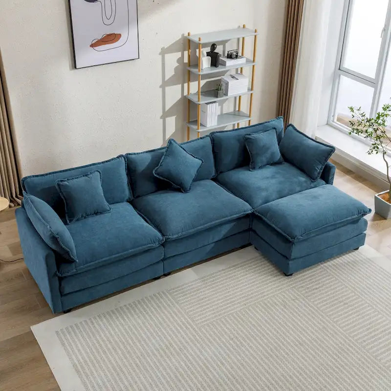 Canapé d'angle moderne en L à 4 places, bleu 112,2 avec pouf amovible, 5 oreillers moelleux et construction robuste