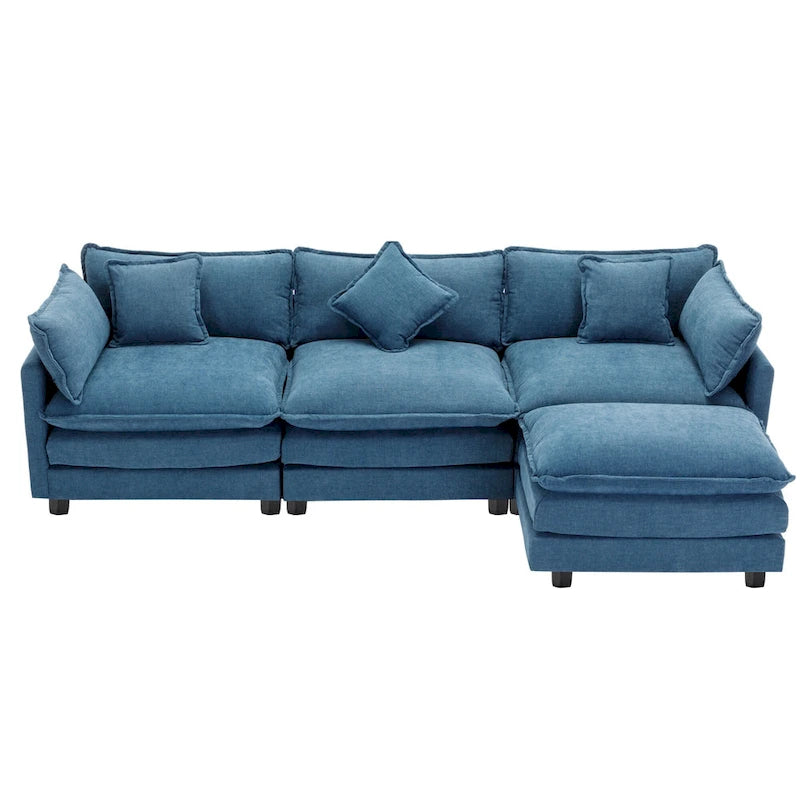 Canapé d'angle moderne en L à 4 places, bleu 112,2 avec pouf amovible, 5 oreillers moelleux et construction robuste
