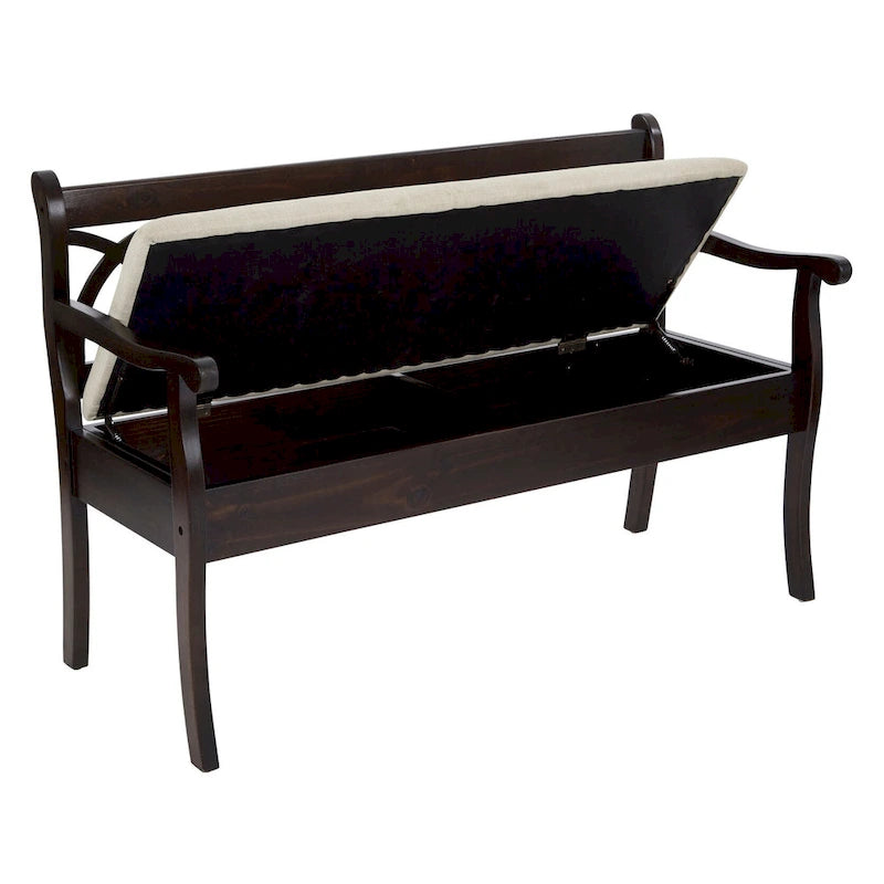 Banc de rangement Coventry avec structure noire antique et coussin de siège beige, à démonter