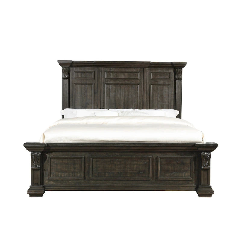 Lit, commode, miroir et deux tables de nuit en panneau de bois Farson, finition noyer foncé vieilli
