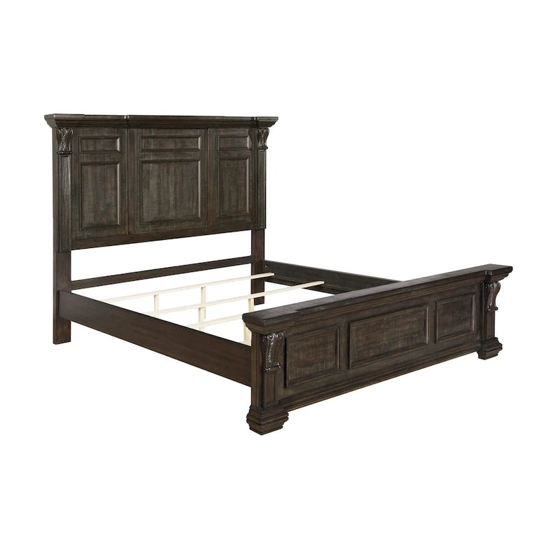Lit, commode, miroir et deux tables de nuit en panneau de bois Farson, finition noyer foncé vieilli