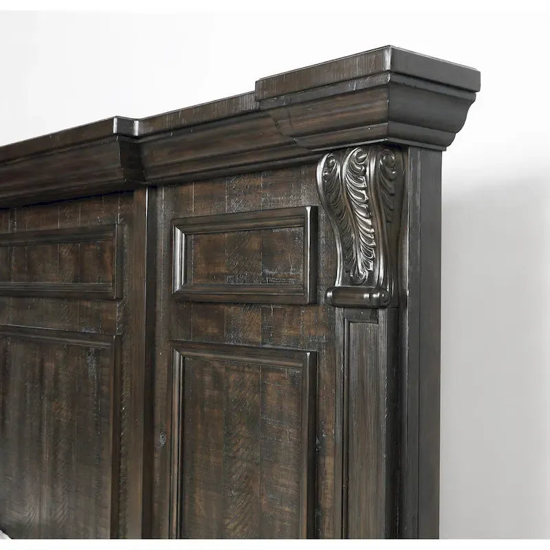 Lit, commode, miroir et deux tables de nuit en panneau de bois Farson, finition noyer foncé vieilli