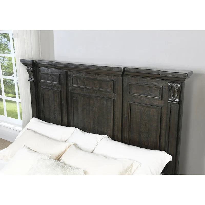 Lit, commode, miroir et deux tables de nuit en panneau de bois Farson, finition noyer foncé vieilli