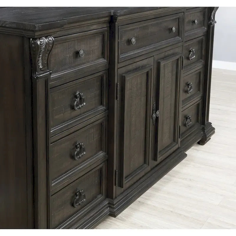 Lit, commode, miroir et deux tables de nuit en panneau de bois Farson, finition noyer foncé vieilli