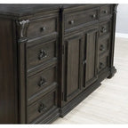 Lit, commode, miroir et deux tables de nuit en panneau de bois Farson, finition noyer foncé vieilli