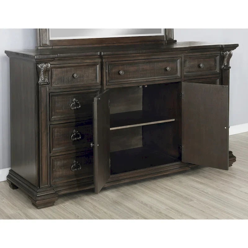Lit, commode, miroir et deux tables de nuit en panneau de bois Farson, finition noyer foncé vieilli