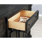 Lit, commode, miroir et deux tables de nuit en panneau de bois Farson, finition noyer foncé vieilli