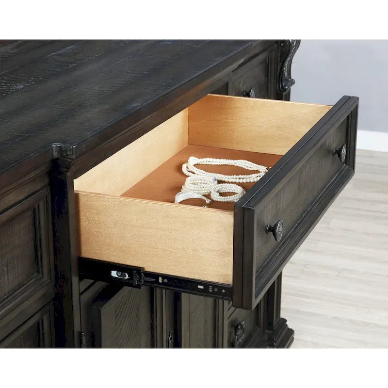 Lit, commode, miroir et deux tables de nuit en panneau de bois Farson, finition noyer foncé vieilli