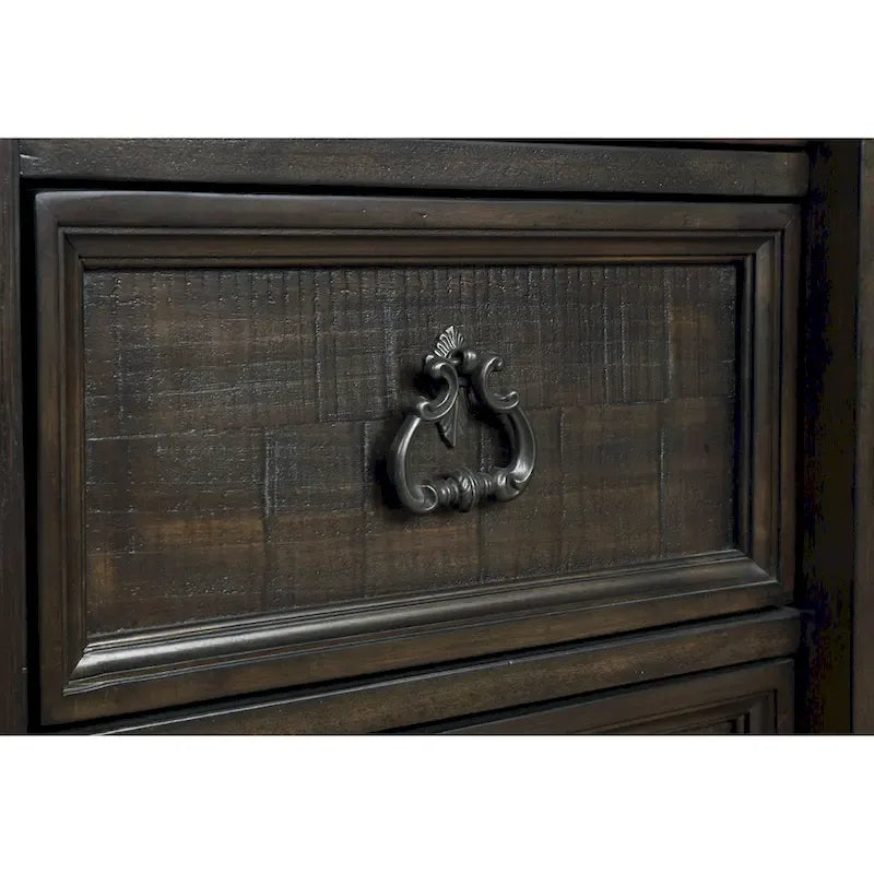 Lit, commode, miroir et deux tables de nuit en panneau de bois Farson, finition noyer foncé vieilli