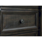 Lit, commode, miroir et deux tables de nuit en panneau de bois Farson, finition noyer foncé vieilli
