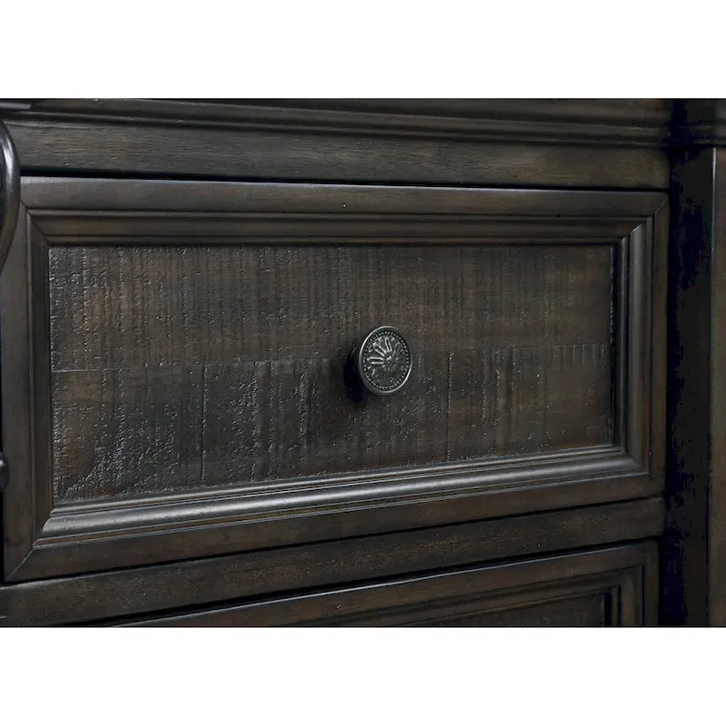 Lit, commode, miroir et deux tables de nuit en panneau de bois Farson, finition noyer foncé vieilli