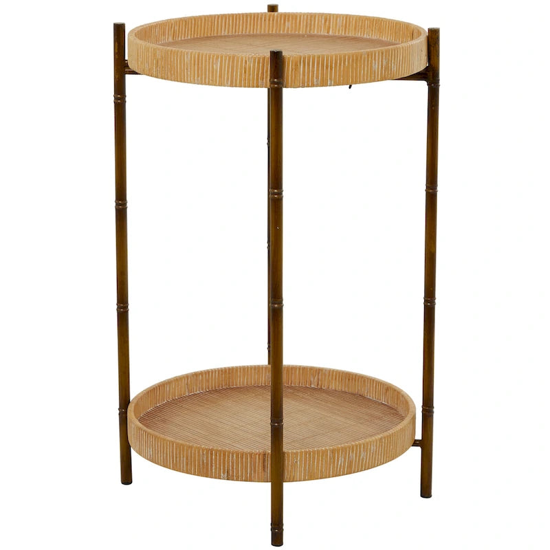 Table d'appoint à 2 étagères en rotin avec pieds en métal inspirés du bambou - Marron - Roche River Decor - 18L x 18P x 26H