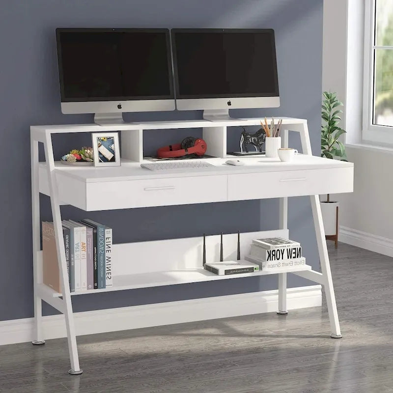 Bureau informatique avec 2 tiroirs et étagères de rangement, bureau d'ordinateur avec support d'écran