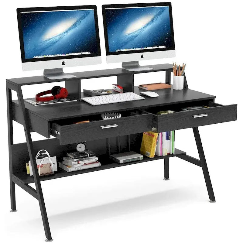 Bureau informatique avec 2 tiroirs et étagères de rangement, bureau d'ordinateur avec support d'écran