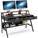 Bureau informatique avec 2 tiroirs et étagères de rangement, bureau d'ordinateur avec support d'écran