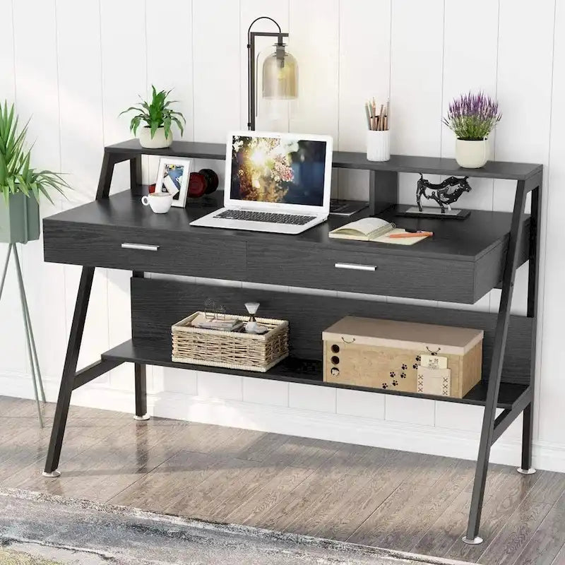 Bureau informatique avec 2 tiroirs et étagères de rangement, bureau d'ordinateur avec support d'écran