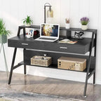 Bureau informatique avec 2 tiroirs et étagères de rangement, bureau d'ordinateur avec support d'écran