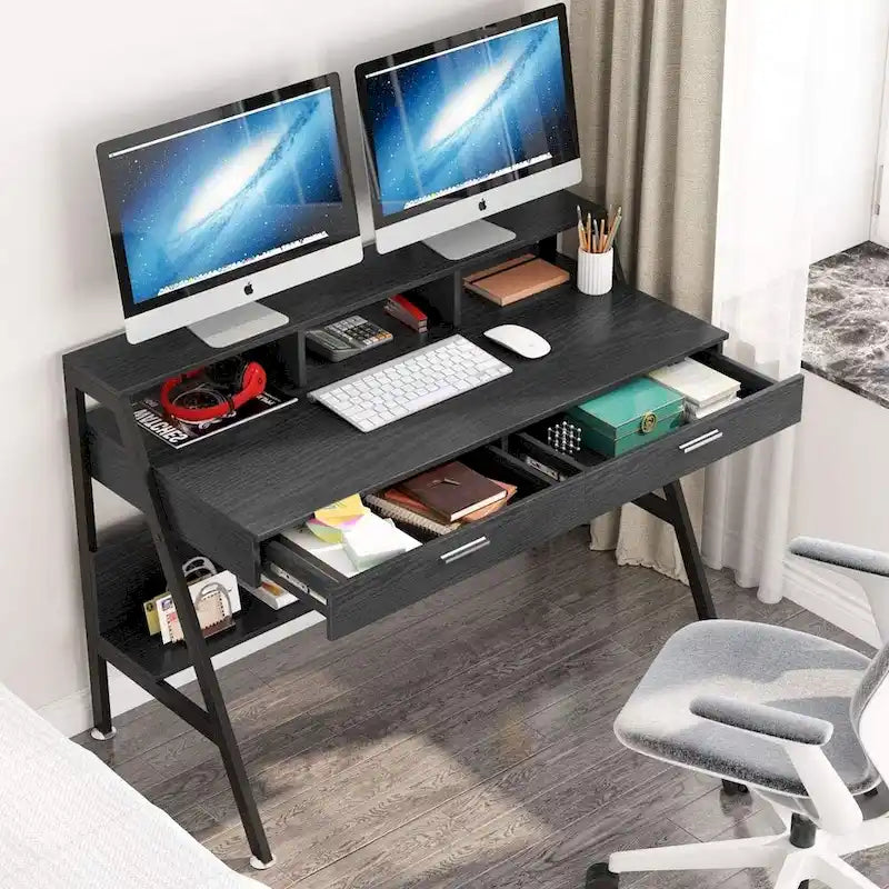 Bureau informatique avec 2 tiroirs et étagères de rangement, bureau d'ordinateur avec support d'écran
