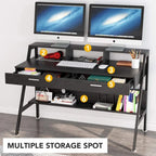 Bureau informatique avec 2 tiroirs et étagères de rangement, bureau d'ordinateur avec support d'écran