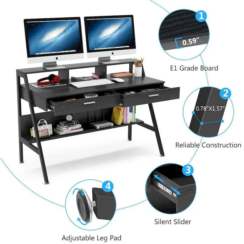 Bureau informatique avec 2 tiroirs et étagères de rangement, bureau d'ordinateur avec support d'écran