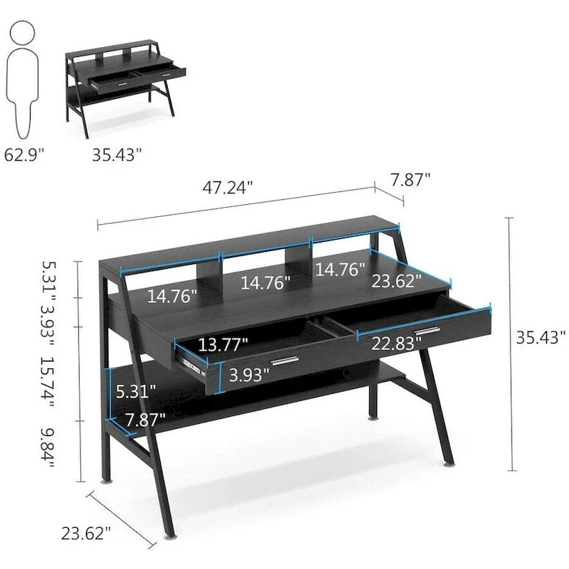Bureau informatique avec 2 tiroirs et étagères de rangement, bureau d'ordinateur avec support d'écran