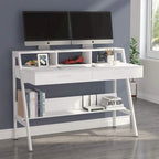 Bureau informatique avec 2 tiroirs et étagères de rangement, bureau d'ordinateur avec support d'écran