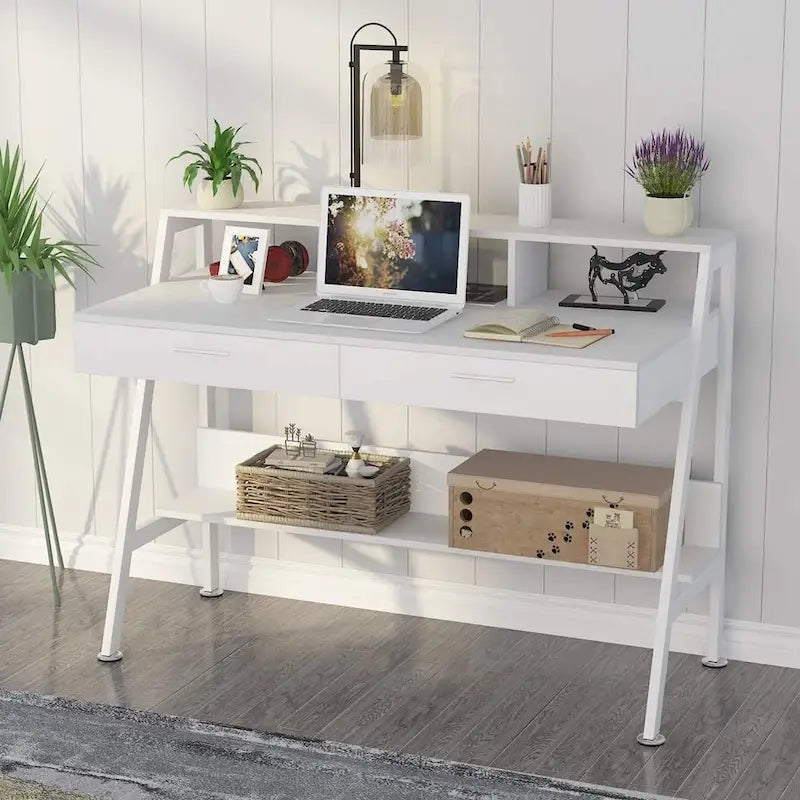 Bureau informatique avec 2 tiroirs et étagères de rangement, bureau d'ordinateur avec support d'écran