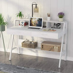 Bureau informatique avec 2 tiroirs et étagères de rangement, bureau d'ordinateur avec support d'écran