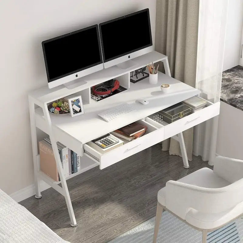 Bureau informatique avec 2 tiroirs et étagères de rangement, bureau d'ordinateur avec support d'écran