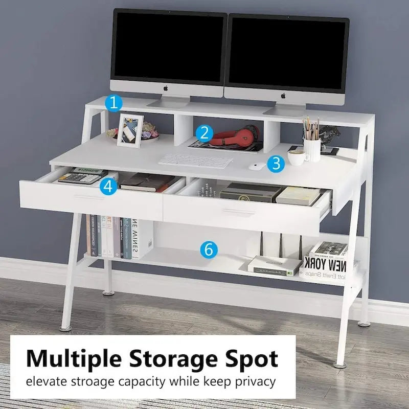 Bureau informatique avec 2 tiroirs et étagères de rangement, bureau d'ordinateur avec support d'écran
