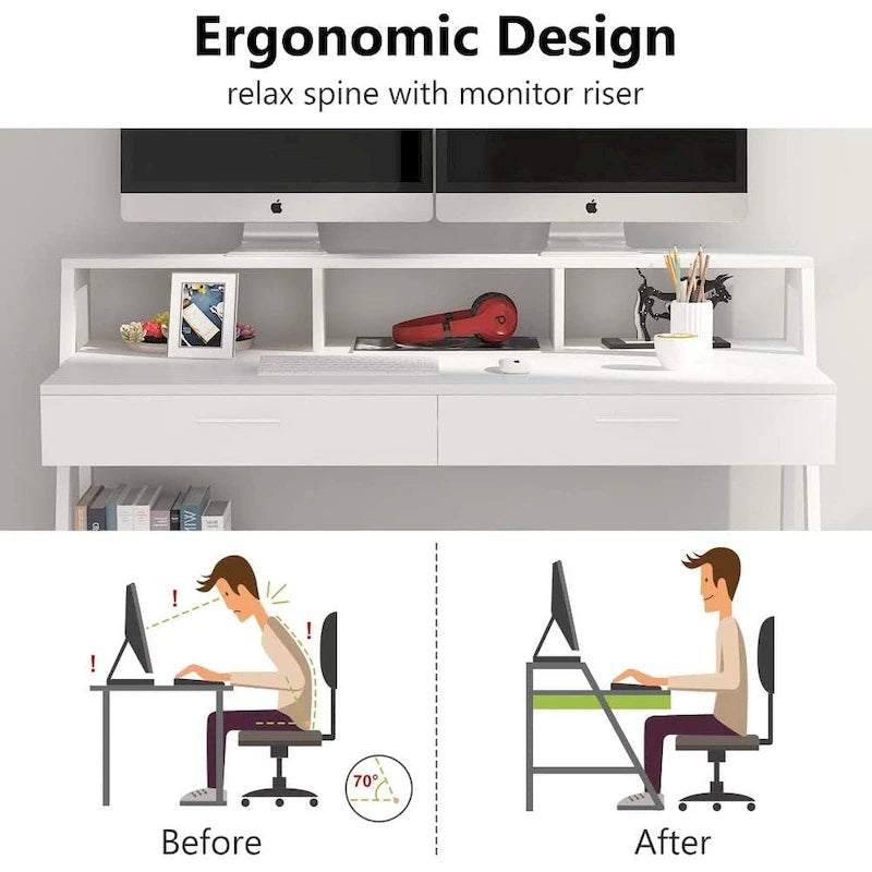 Bureau informatique avec 2 tiroirs et étagères de rangement, bureau d'ordinateur avec support d'écran