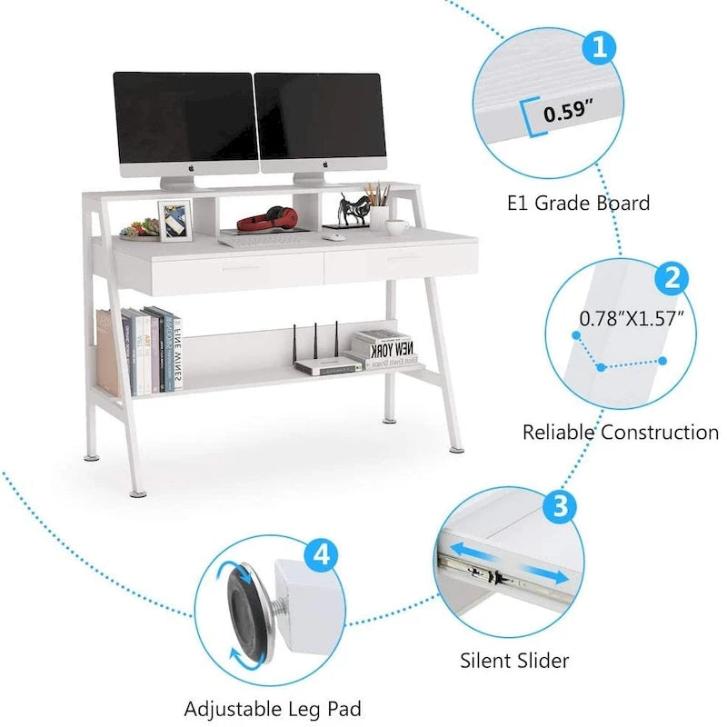 Bureau informatique avec 2 tiroirs et étagères de rangement, bureau d'ordinateur avec support d'écran