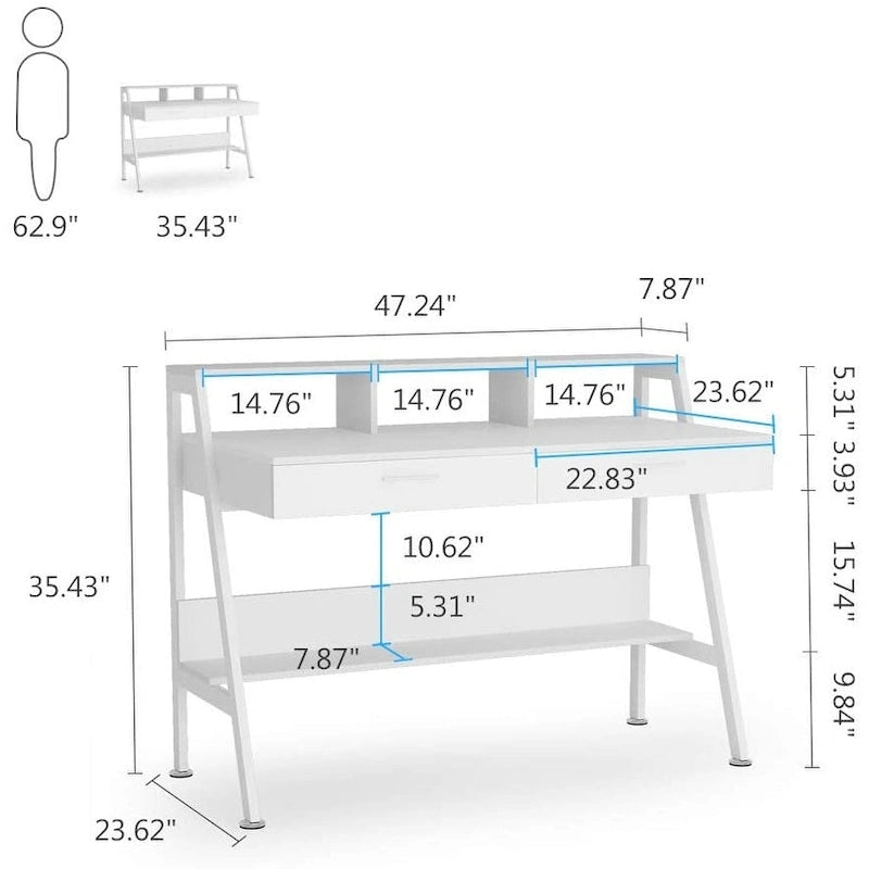 Bureau informatique avec 2 tiroirs et étagères de rangement, bureau d'ordinateur avec support d'écran