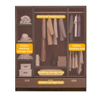 Armoire en bois grainé marron avec tiroirs, tringle et 4 portes coulissantes