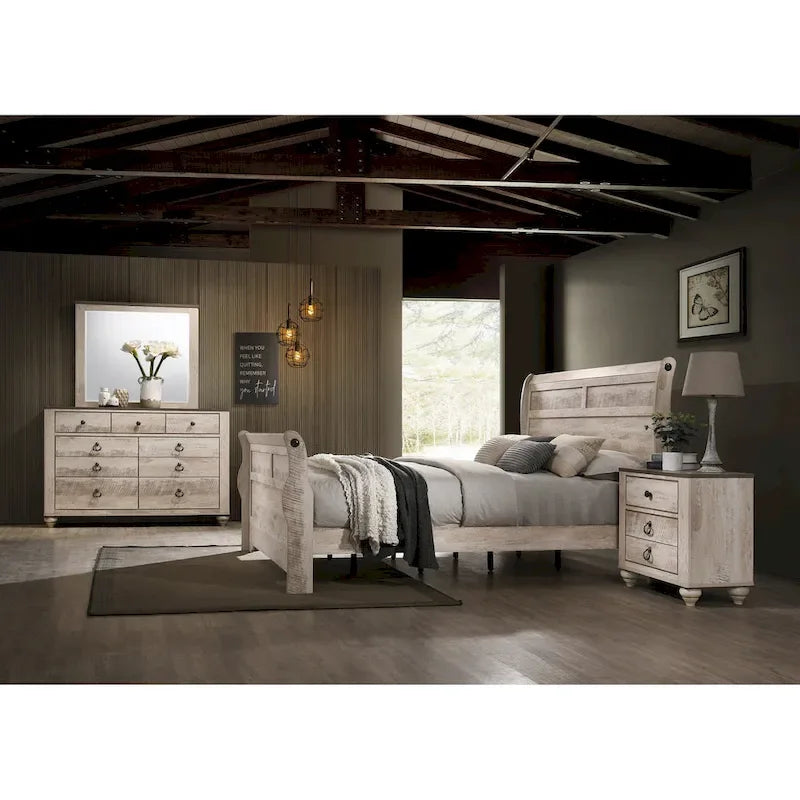 Chambre à coucher Imerland au fini blanc délavé contemporain avec lit traîneau, commode, miroir, table de chevet, chiffonnier