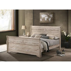 Chambre à coucher Imerland au fini blanc délavé contemporain avec lit traîneau, commode, miroir, table de chevet, chiffonnier