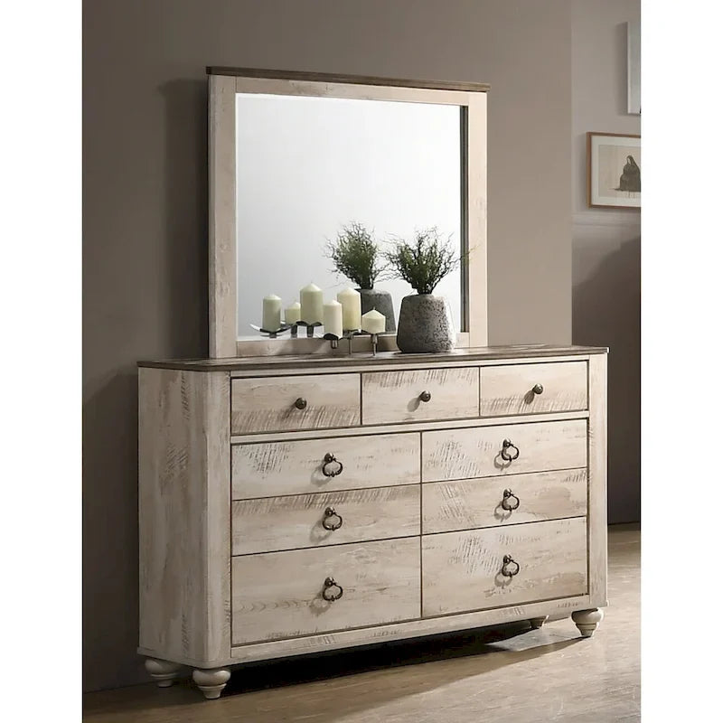 Chambre à coucher Imerland au fini blanc délavé contemporain avec lit traîneau, commode, miroir, table de chevet, chiffonnier