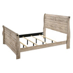 Chambre à coucher Imerland au fini blanc délavé contemporain avec lit traîneau, commode, miroir, table de chevet, chiffonnier